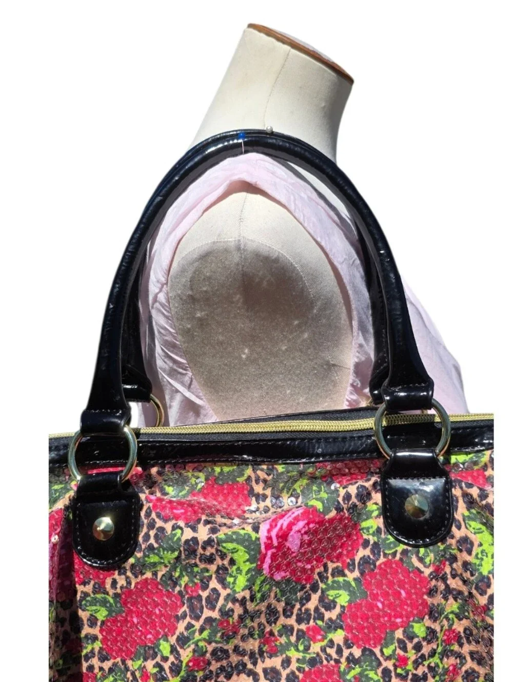 Betsey Johnson Y2K Sequin Leopard Rose Satchel Shoulder Bag Patent Purse